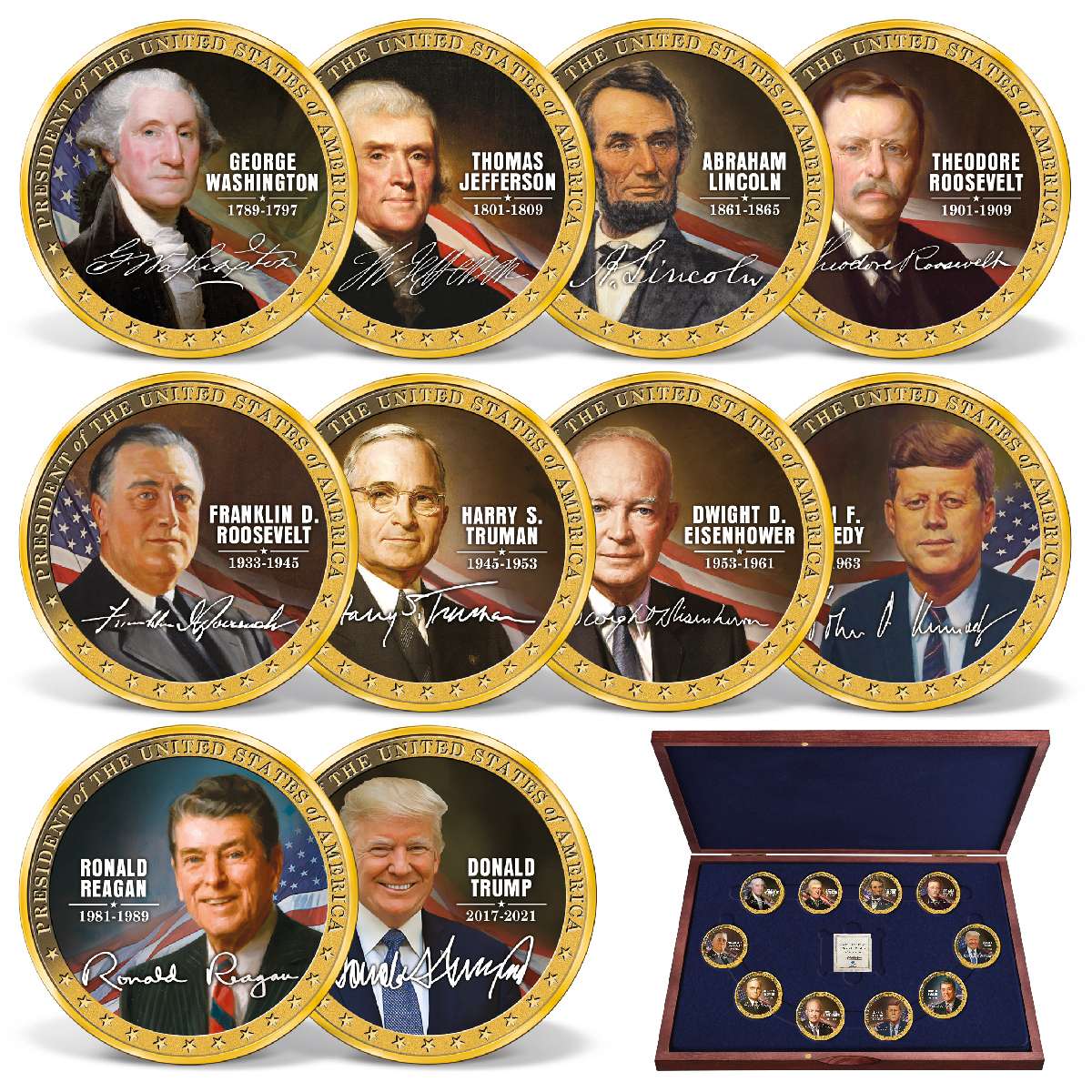 The 10 Greatest Presidents in Color Coin Set GoldLayered Gold