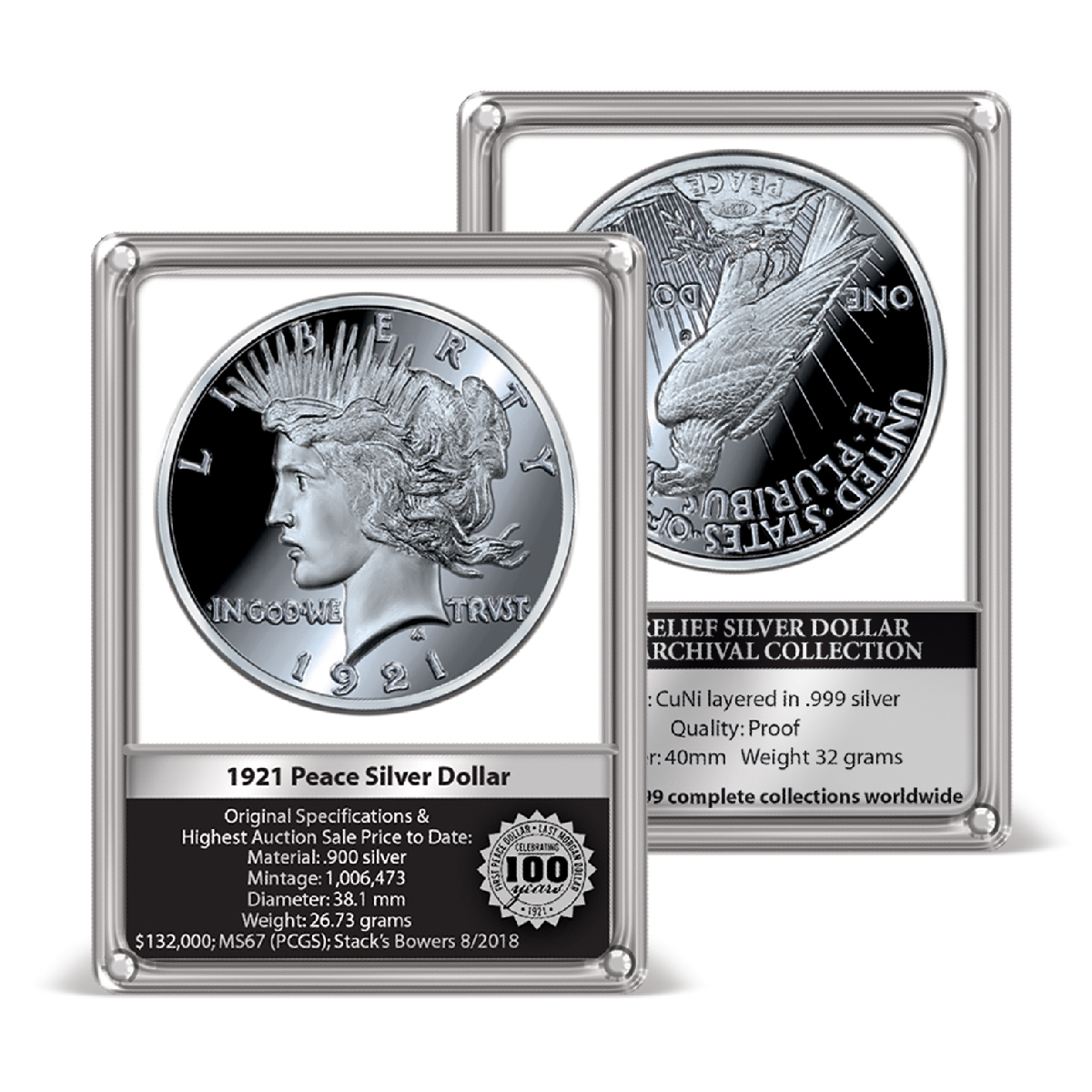 1921 Peace Dollar High Relief Archival Edition SilverPlated Silver